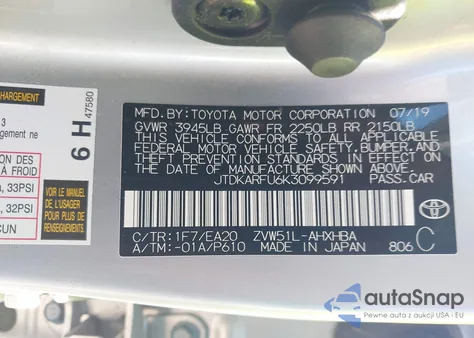 2019 Toyota Prius Xle из США, поврежденный, VIN JTDKARFU6K3099591